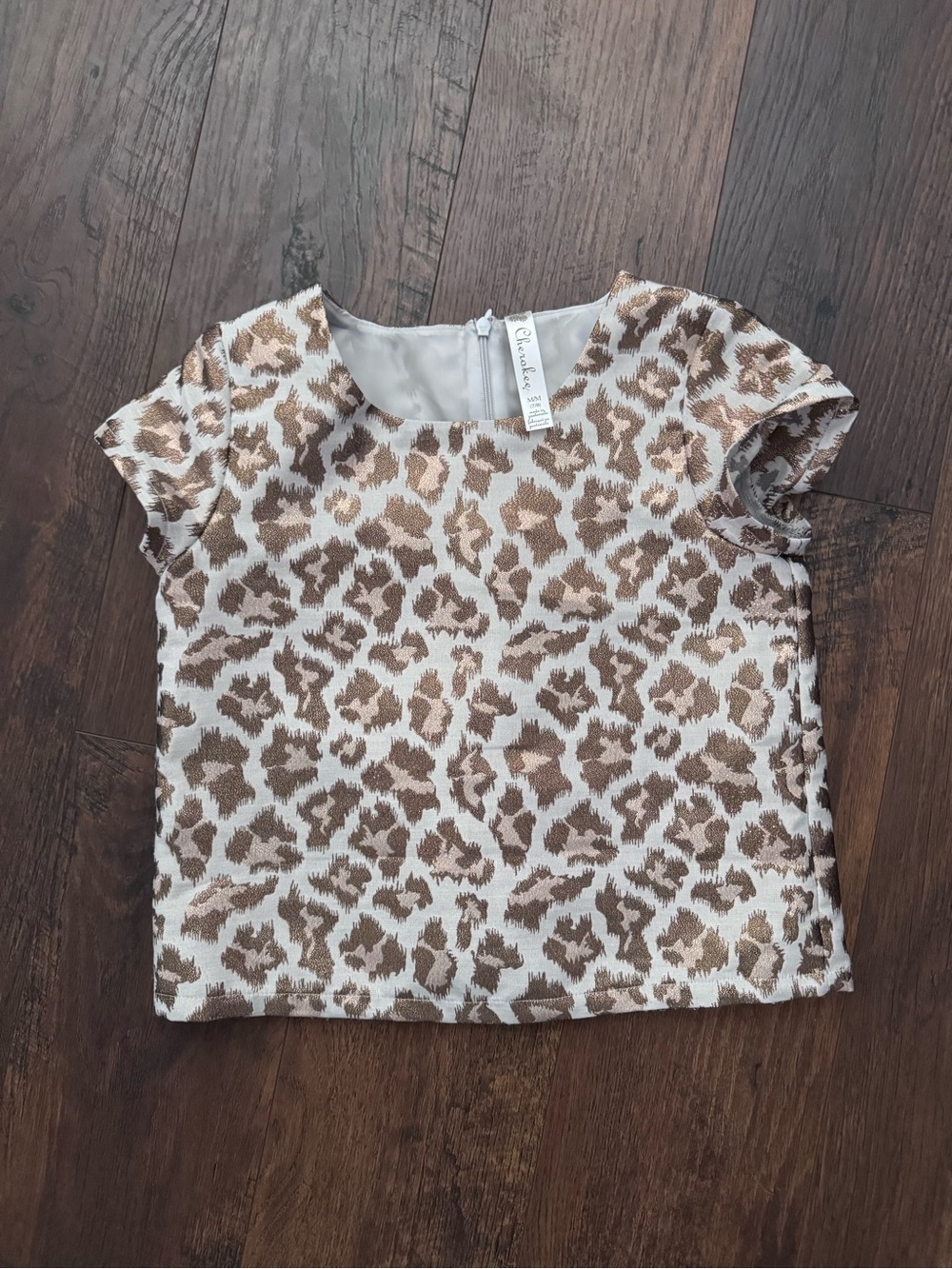 Girls 7/8 Medium Cherokee Metallic Leopard Print Top - White & Brown